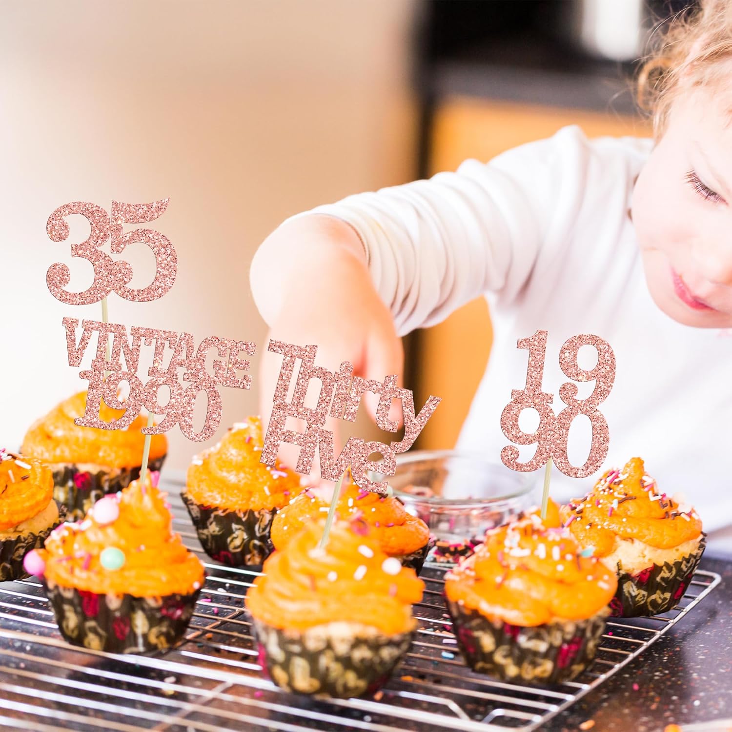 Gyufise 24Pcs Happy 35th Birthday Cupcake Toppers Glitter Thirty Five 35 Fabulous Vintage 1990 Cupcake Picks for 30th Birthday Wedding Anniversary Party Cake Decorations Supplies Rose Gold