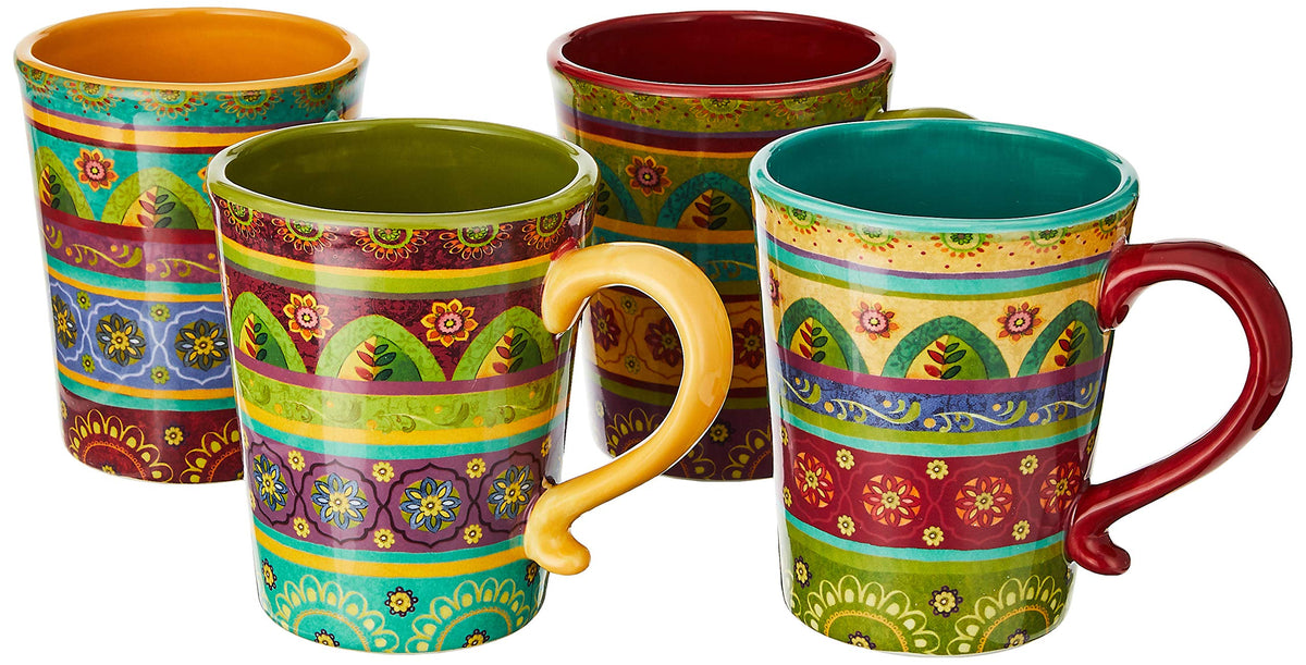 Set of 4 multicolor ceramic mugs with folk art patterns