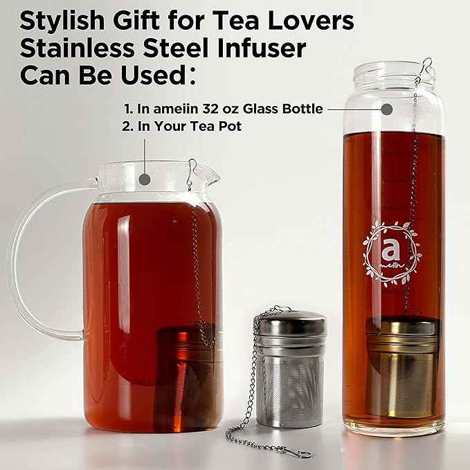 32oz Borosilicate Glass Water Bottle with Bamboo Lid and 2 Tea Infuser Sets for Fruit Infused Water and Cold Brew Coffee - Glass Tea Infuser Bottle with Strainer for Loose Leaf Tea