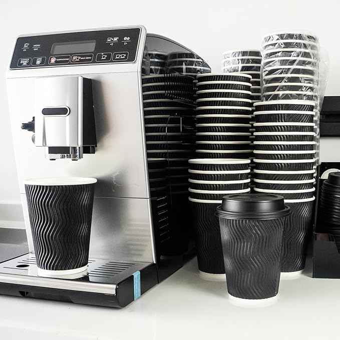 Ginkgo 100 Pack 12 oz Disposable Coffee Cups with Lids, To-Go Paper Coffee Cups for Hot Beverage, Chocolate and Cocoa, Coffee Bar Accessories - Black