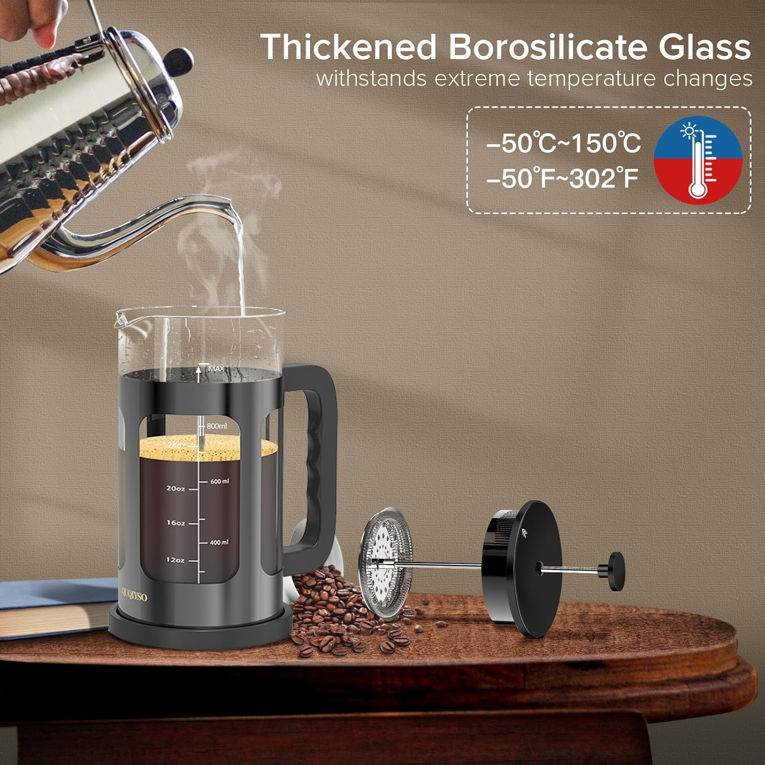 QUQIYSO French Press Coffee Maker 34oz 304 Stainless Steel French Press with 4 Filter, Heat Resistant Durable, Easy to Clean, Borosilicate Glass Coffee Press, 100% BPA Free Glass Teapot, Dark Pewter - Blissbrew