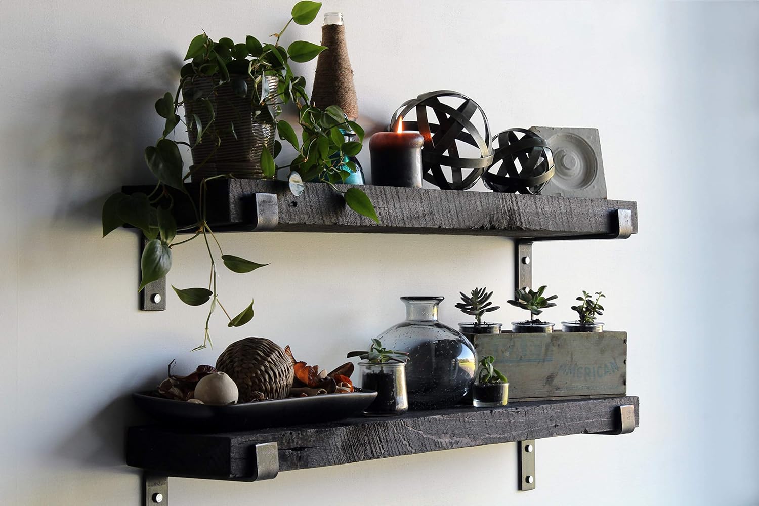 Urban Legacy Accent Shelves | Reclaimed Barn Plank | Set of 2 with Full Brackets (Coffee Bean 48