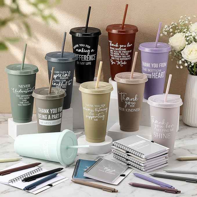 Shellwei 60 Pcs Employee Appreciation Gifts Bulk 24 oz Thank You Tumbler with Lid and Straw Mini Spiral Notebooks and Pens Appreciation Gifts for Team Employee Coworkers Teacher (Thanks)