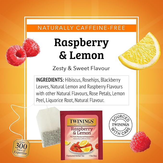 Twinings Raspberry & Lemon Herbal Tea Individually Wrapped Bags, 20 Count (Pack of 1), Unsweetened, Refreshing & Fruity, Naturally Caffeine-Free, Enjoy Hot or Iced