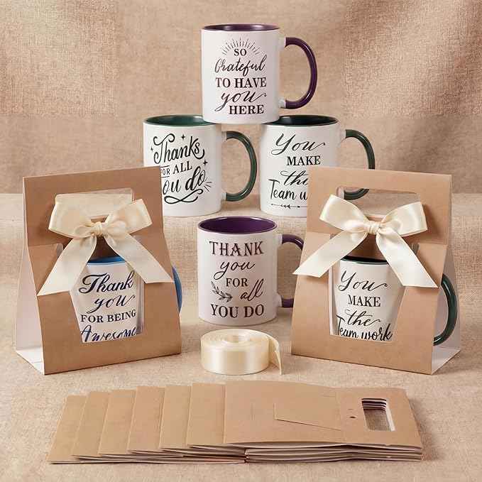 LemonRoad 12 Sets Employee Appreciation Gifts 12 oz Thank You Mug with Mug Boxes Ribbon Inspirational Appreciation Ceramic Coffee Cup for Birthday Housekeeping Week Coworker Staff Team