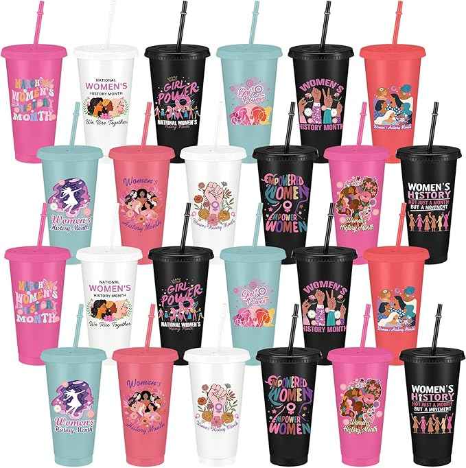Skylety 24 Pcs Womens History Month Gift Drinking Cups Bulk 24oz with Lids Straws Reusable Plastic Inspirational Tumbler March Feminist International Womens Day Decorations Party Supplies for Adults