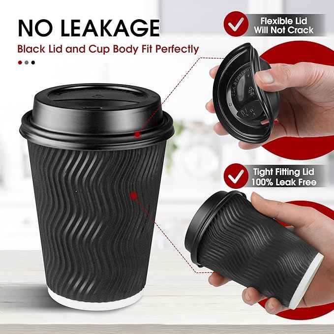 Ginkgo 100 Pack 12 oz Disposable Coffee Cups with Lids, To-Go Paper Coffee Cups for Hot Beverage, Chocolate and Cocoa, Coffee Bar Accessories - Black