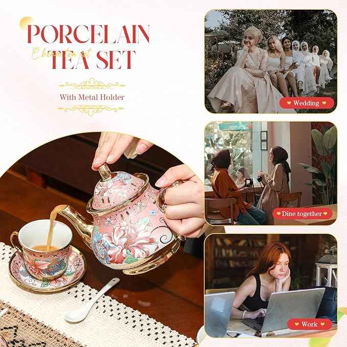 20 Pcs Porcelain Tea Set for Adults with Metal Holder and Spoon European Ceramic Tea Party Set Flower Painting Teapot Cup Saucer for Christmas Women Gifts, Serving 6 People(Fresh)