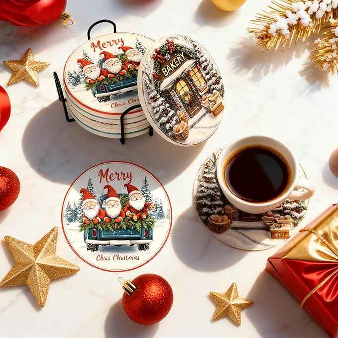 Christmas Drink Coasters Set of 6 with Black Holder and Cork Base, Absorbent Ceramic Coasters Round Decorative Coffee Table Decor for House Warming Gifts New Home