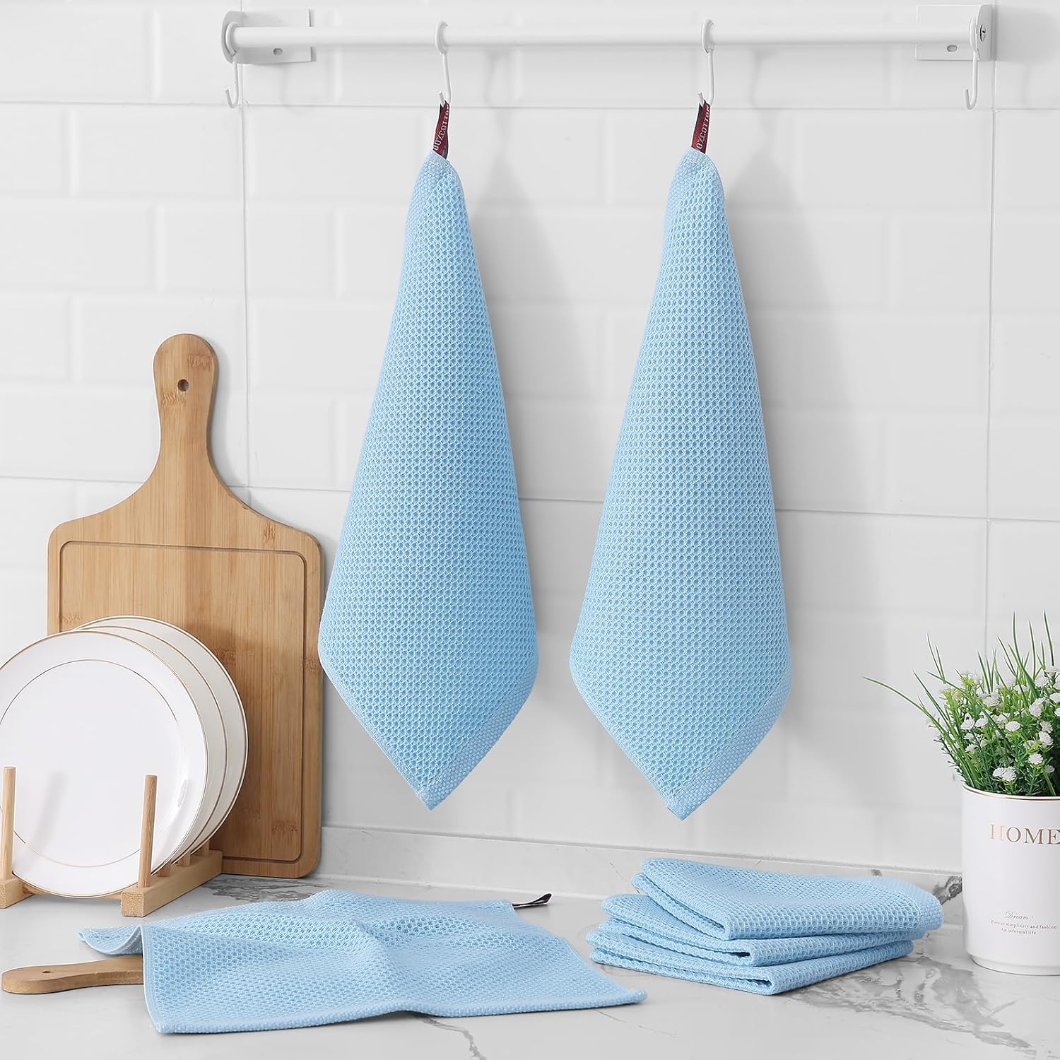 Kitinjoy 100% Cotton Kitchen Dish Cloths (12 X 12 Inches, Sky Blue),12 Pack Waffle Weave Ultra Soft Absorbent Dish Towels for Drying Dishes Quick Drying Kitchen Towels Dish Rags