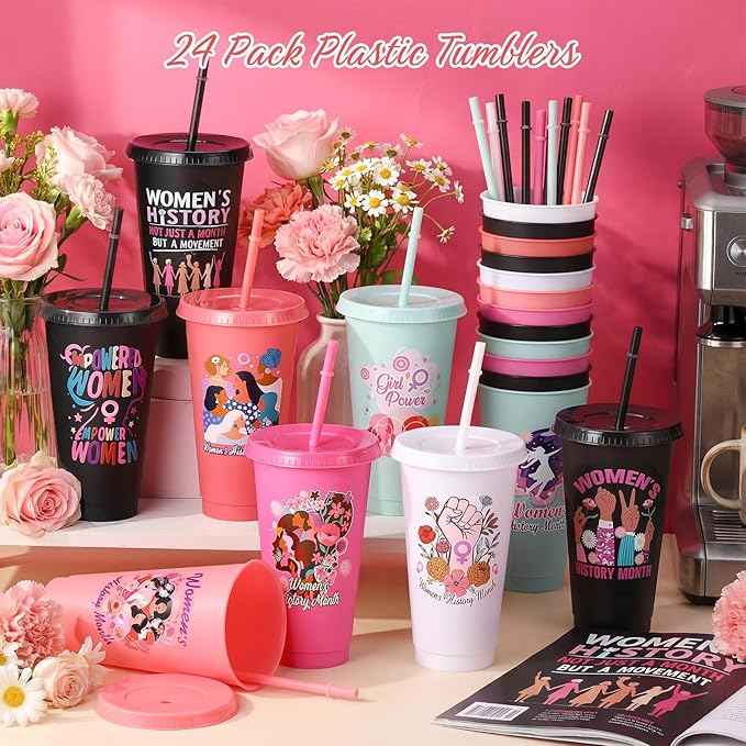 Skylety 24 Pcs Womens History Month Gift Drinking Cups Bulk 24oz with Lids Straws Reusable Plastic Inspirational Tumbler March Feminist International Womens Day Decorations Party Supplies for Adults
