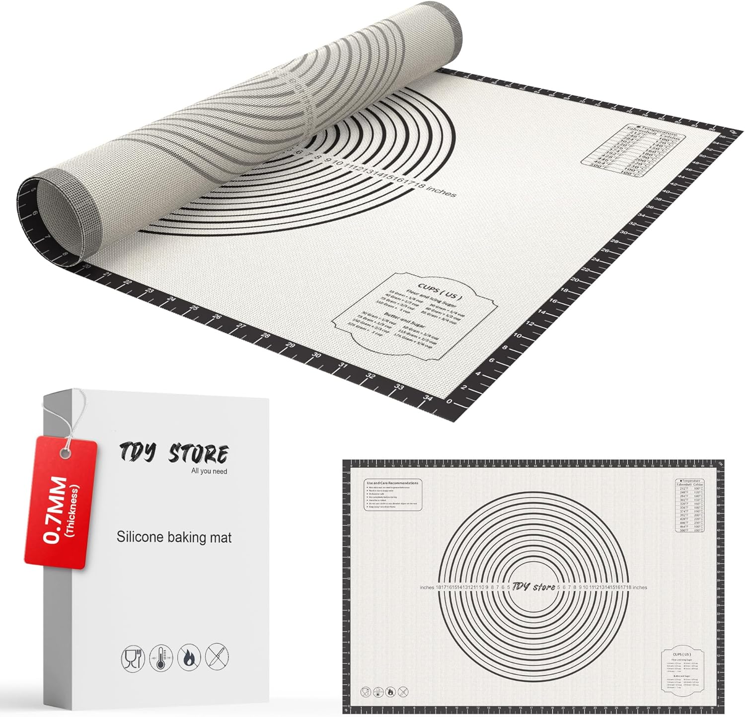 26 * 16 inches Black, Non-Slip Silicone Baking Sheets - Baking Mat with 0.7mm Thickness - Non-Stick Pastry & Cookie Mat for Kitchen Counter for Rolling Out Dough with Measurements.