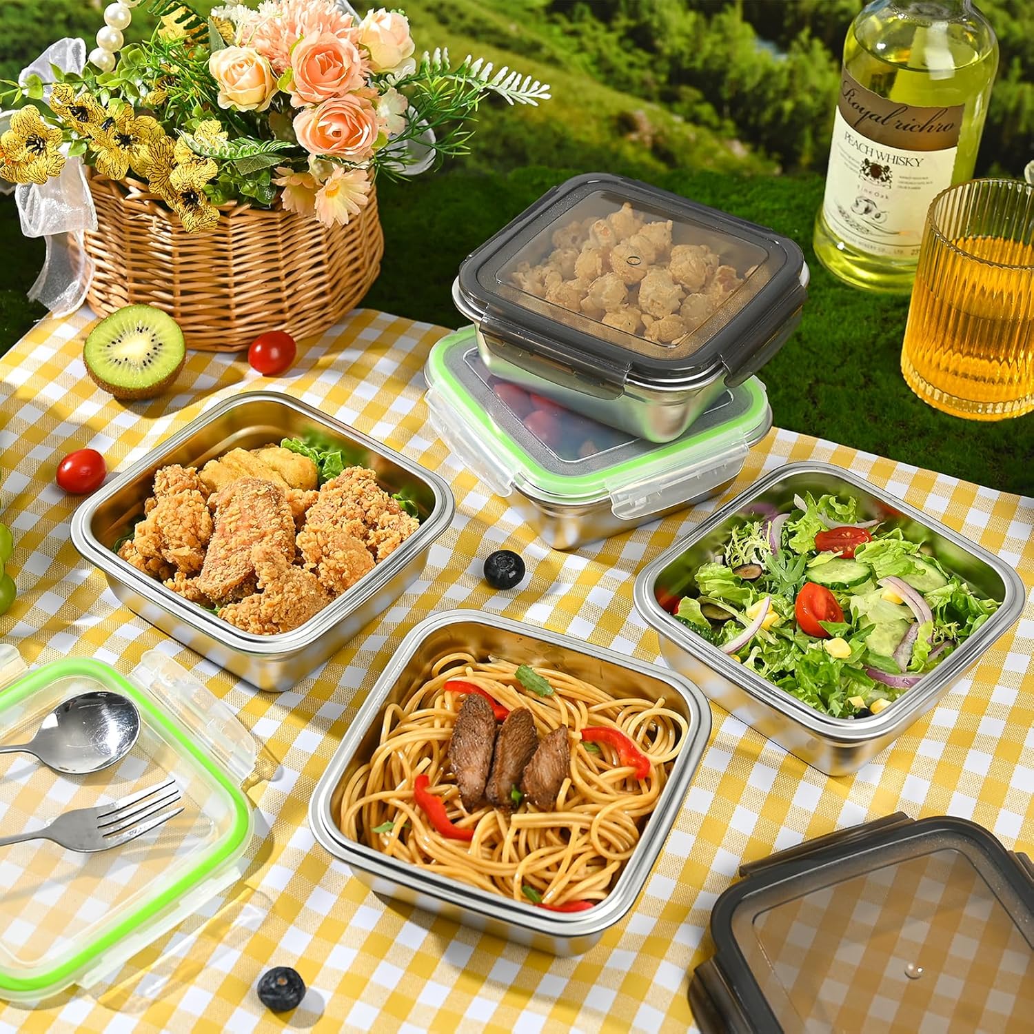 2 Pack Sandwich Containers, 24oz Stainless Steel Sandwich Box with Airtight Lids, Reusable Metal Meal Prep Lunch Boxes, BPA-Free, Dishwasher Safe, Food Storage Containers for Families (Black)