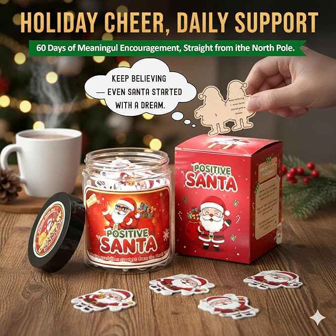 Positive Santa Claus Christmas Jar with 60 Daily Affirmation Cards, Emotional Support Christmas Gift, Funny Decorations for Home or Desk, Holiday Ornaments and Gifts for Women Men Teens and Teachers