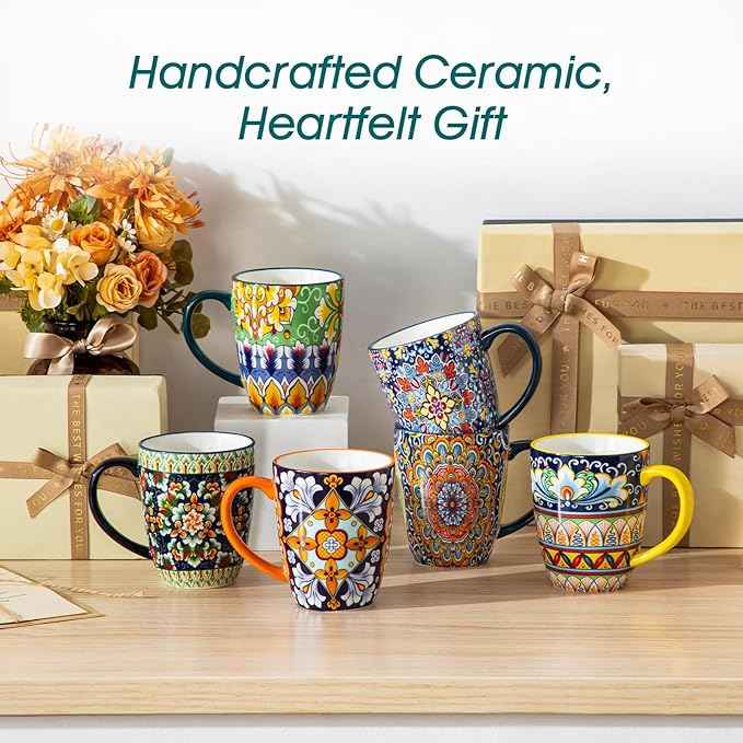 vancasso 12 oz Coffee Mugs Set of 6, Ceramic Mug with Handle, Boho Coffee Cups for Latte, Cappuccino & Hot Chocolate, Dishwasher & Microwave Safe Gift Set, Series SIMI