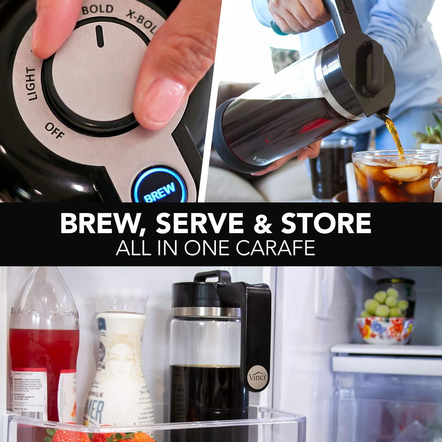 VINCI Express Cold Brew, Electric Cold Brew Coffee Maker in 5 minutes, 4 Brew Strength Settings & Cleaning Cycle, Easy to Use & Clean, Glass Carafe, Cold Brewer for Iced Coffee, 1.1 L Pitcher (37 oz) - Blissbrew