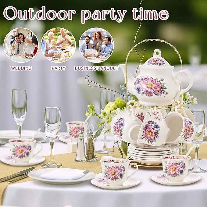 20-Pieces Tea Set For Adult with Golden Metal Rack,Porcelain Tea Sets For Women,Tea Gift Sets for Home&Party(K018)