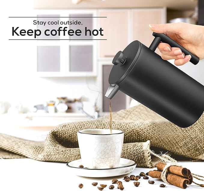Utopia Kitchen 304 Grade Stainless Steel French Press Coffee Maker 21 Oz, Double Wall Insulated Coffee Press with 4-Level Filtration system, Include 2 Extra Filters, Rust-Free, Black
