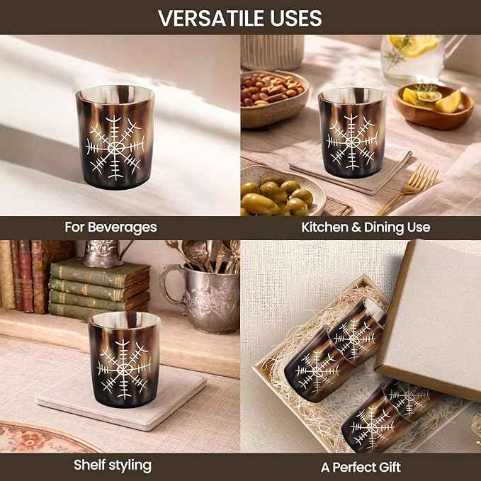 Handicrafts Home Viking Horn Shot Glasses Set of 4, Handmade Natural Ox Horn, Rustic Viking Drinkware Whiskey Shot Cups, Father’s Day Gifts, Medieval Decor Gift Set for Men & Groomsmen, Birthday Gifts