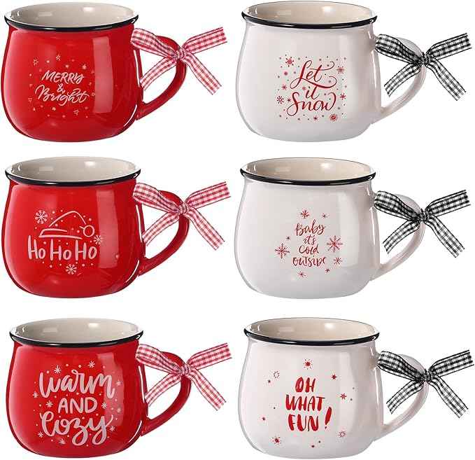 Sawysine Christmas Coffee Mugs Set of 6, 12 oz Ceramic Mug Gift Holiday Hot Cocoa for Family Mom Woman Friend Farmhouse (Candy Canes Style)