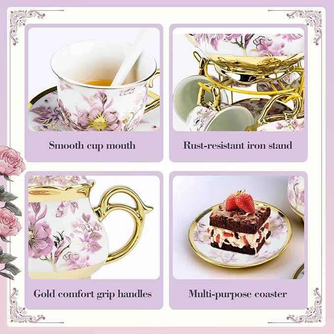 20 Pcs Porcelain Tea Set with Metal Holder, European Ceramic Tea Set for Adults, Adult Tea Set Gift, Flower Tea Cup Saucer Set for Party With Gold Flower Painting (Elegant Purple/500ml)