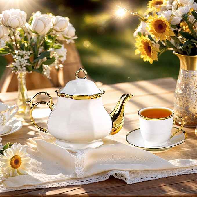 20 Pcs Porcelain Tea Set with Metal Holder, European Ceramic Tea Set for Adults, Coffee Tea Gift Sets, French Tea Cup Saucer Set for Party With Gold Trim (French White)