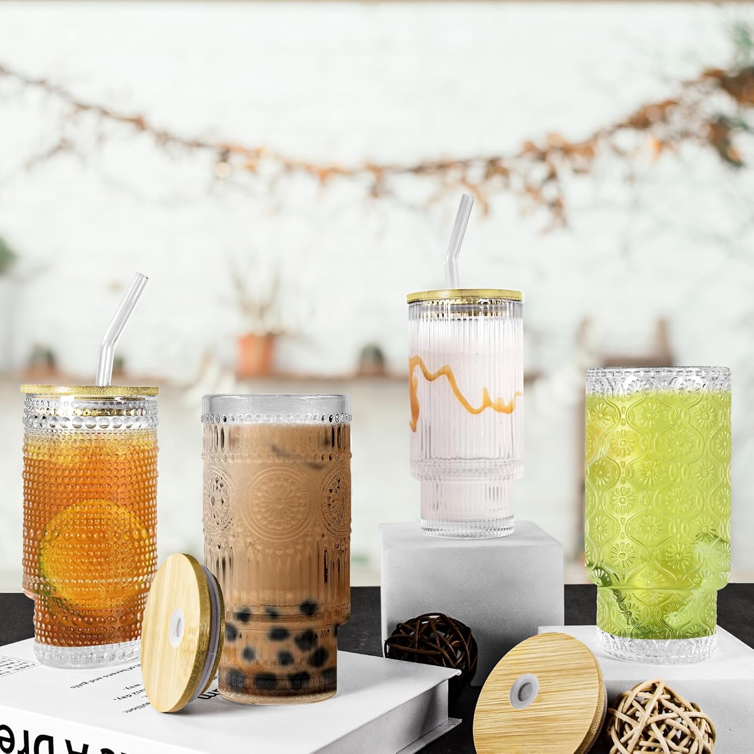 2 Pcs 11 oz Drinking Glasses Cups Set with Bamboo Lids Straws Brush Hobnail Small Drinking Glassware Set for Juice Iced Coffee Beer Cocktail Whiskey(Hobnail*2)