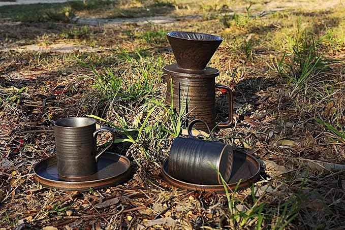 Handmade Stoneware Pour Over Drip Coffee Maker & Cups Set, Coffee Brewer Dripper Cone Filter, Coffee Decanter & Espresso Cups & Saucers Gift Set, Annular Veins Retro Metallic Glazed,16oz