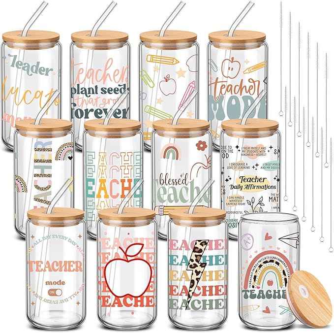 12 Sets Teacher Appreciation Gifts 2026 Bulk 16 oz Teacher Glass Cups with Lids and Straws Can Shaped Iced Coffee Mugs Thank You Gifts for Kindergarten Preschool Educator Graduation Retirement