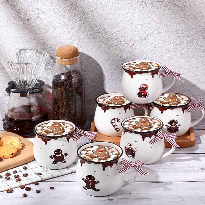 Jinei Set of 6 Christmas Coffee Mugs Gift, 12 oz Hot Cocoa Ceramic Cup for Holiday Milk Tea Mugs Coffee Bar Decoration Christmas Gift for Mom Woman Family Friend(Ginger,Gingerbread)