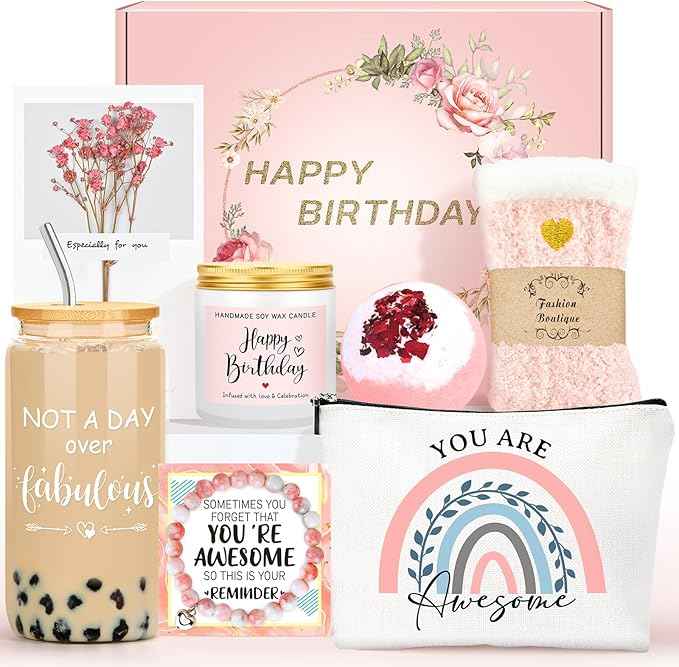 Birthday Gifts for Women Unique Happy Birthday Gifts Ideas for Her Pink Friendship Gift Box for Woman Present Baskets for Mom Gift Set for Daughter Sister Bestie Girlfriend Coworker Aunt Friend Female