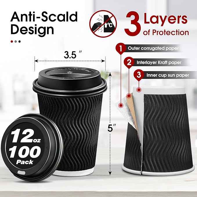 Ginkgo 100 Pack 12 oz Disposable Coffee Cups with Lids, To-Go Paper Coffee Cups for Hot Beverage, Chocolate and Cocoa, Coffee Bar Accessories - Black