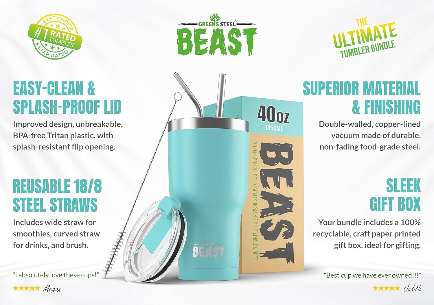Beast 40 oz Tumbler Stainless Steel Vacuum Insulated Coffee Ice Cup Double Wall Travel Flask (Aquamarine Blue)