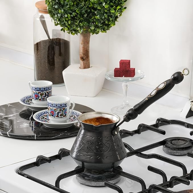 BCS 18 Oz X-Large Copper Turkish Greek Arabic Coffee Pot with Wooden Handle (6 servings) Cezve Briki Ibrik Stovetop Coffee Maker (Includes Wooden Spoon)
