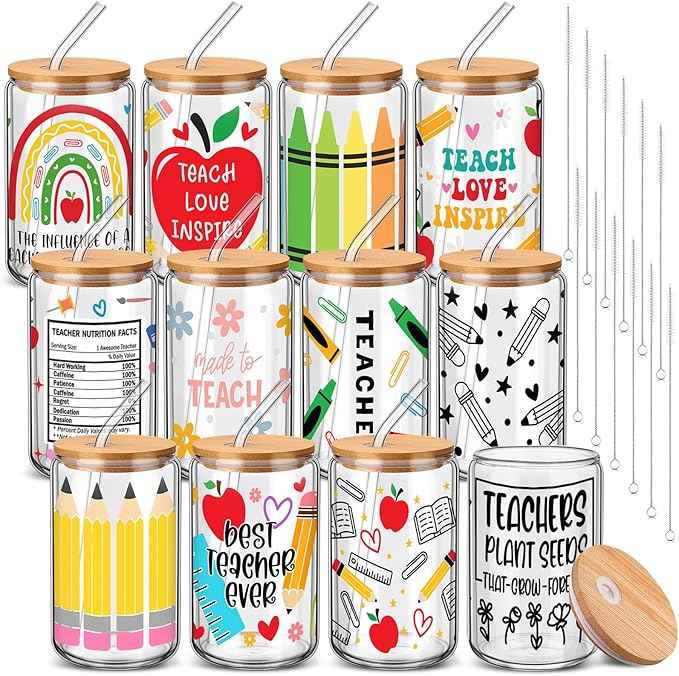 12 Sets Pink Bow Valentine's Day Glass Cups Gifts Bulk 16 oz Iced Coffee Cups with Lids and Straws Cute Glass Tumbler Girly Galentine's Day Gifts for Women Coworker Party Favor(Teacher)