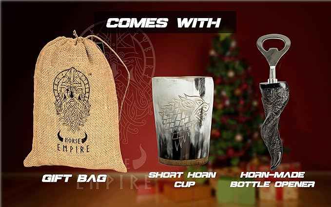 Viking OX Horn Mug,16–20oz (Roaring Fenrir) Ox Horn Cup & Coffee Stein | Stylish & Handmade Present for Men and Women, Home Accessories | Shot Glasses for Mead, Ale, Whisky and Beer Cup…