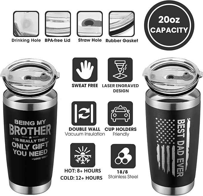 Fathers Day Gift Set for Dad, Brother - Gifts for Dad from Daughter, Son - Gifts for Brother - 20 Oz Black Tumbler Bundle