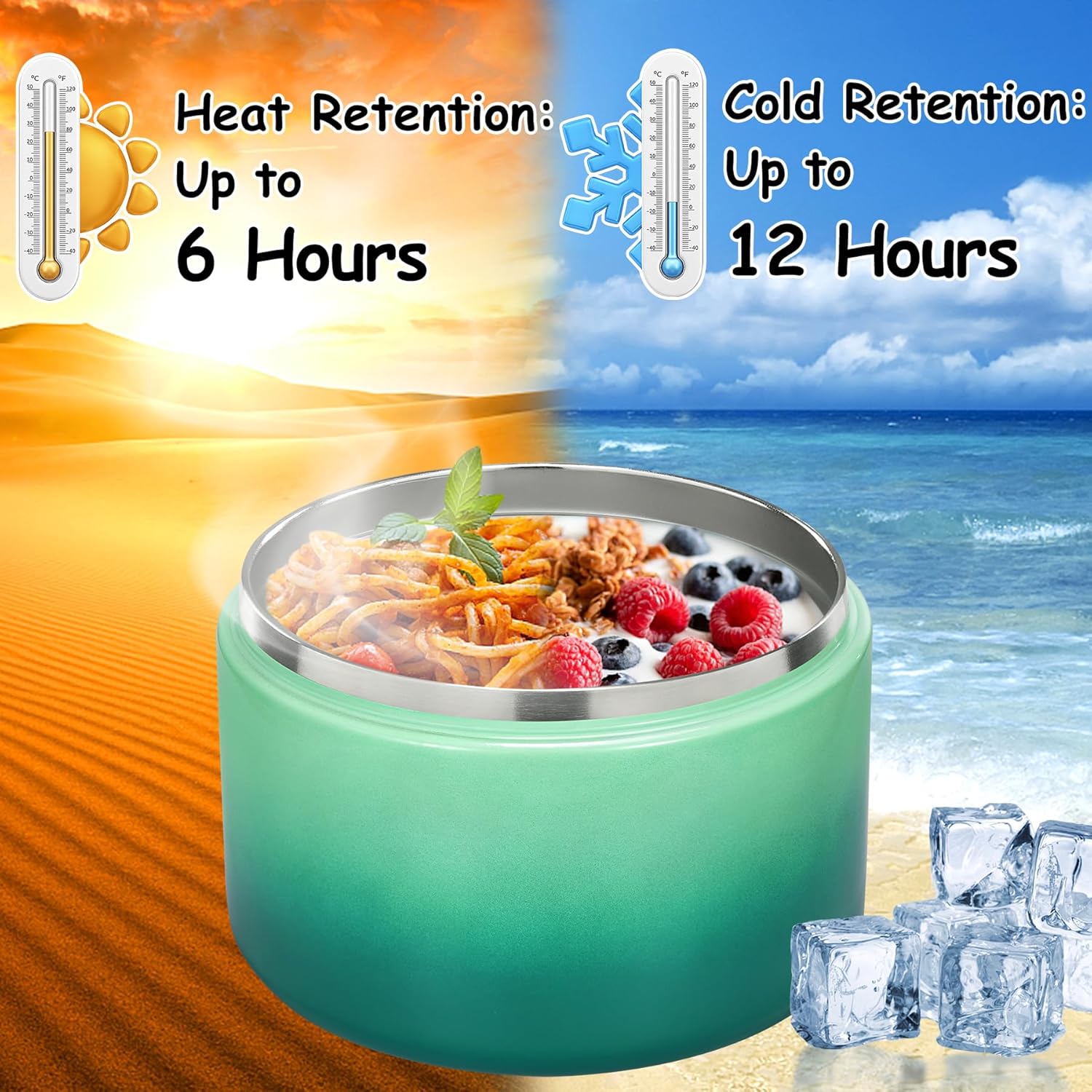 12oz Insulated Vacuum Food Jar with Buckle Lid Wide Mouth Soup Thermo for Hot Food Kids Leakproof Stainless Steel Lunch Container (Gradient Green, 12OZ) - Blissbrew