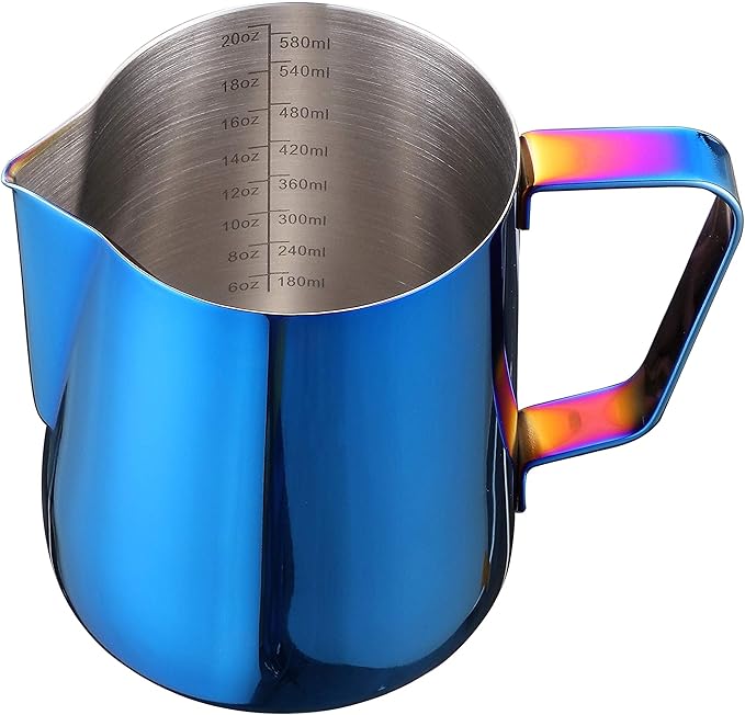 Milk Frothing Pitcher 20oz Stainless Steel Cup Perfect for Latte Art, Espresso Maker, Cappuccino Maker - 18/8 Stainless Steel Milk Frother Steaming Pitcher Cobalt Blue Color