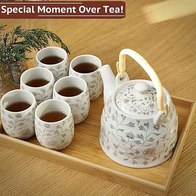 La Belle Vie Japanese Tea Set, White Porcelain Tea Set as Gift, 1 Pot (32.1oz), 6 Cups (6.1oz), 1 Stainless Steel Tea Infuser, 1 Bamboo Tray, Pretty Gift for Birthday, Festivals, Events