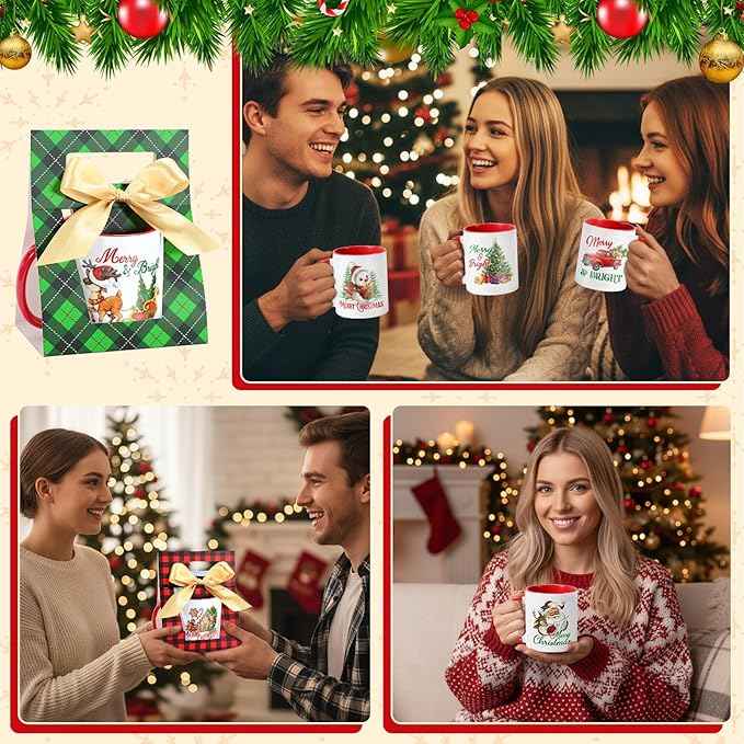 LemonRoad 12 Sets Christmas Coffee Mugs with Mug Boxes 12 oz Ceramic Merry Christmas Coffee Cups Xmas Cups with Gift Boxes Ribbon for Xmas Winter Holiday Housewarming Party Gift