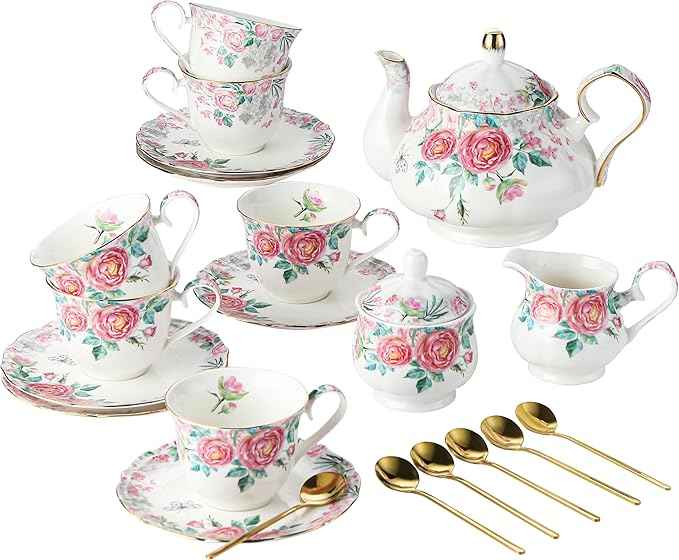 15 Piece Bone China Tea Cup Sets, Elegant Flower Painting Teapot Cup Saucer,Sugar Bowl Cream Pitcher Teaspoons for Tea/Coffee,Gifts Set for Adults.