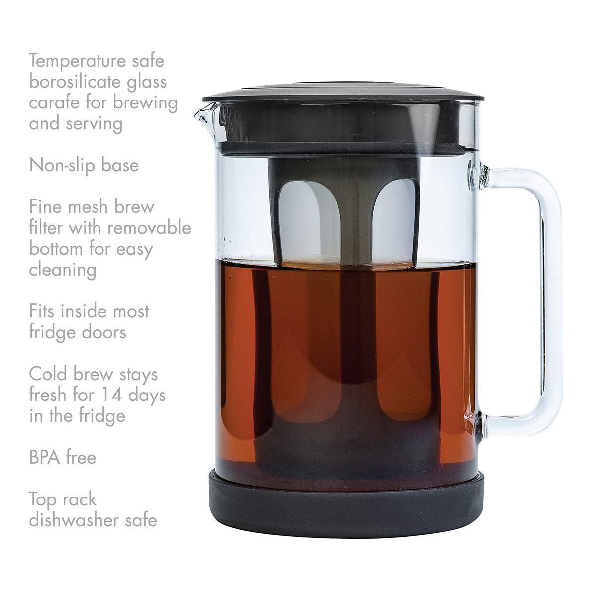 Cold brew pitcher with removable fine mesh brew filter