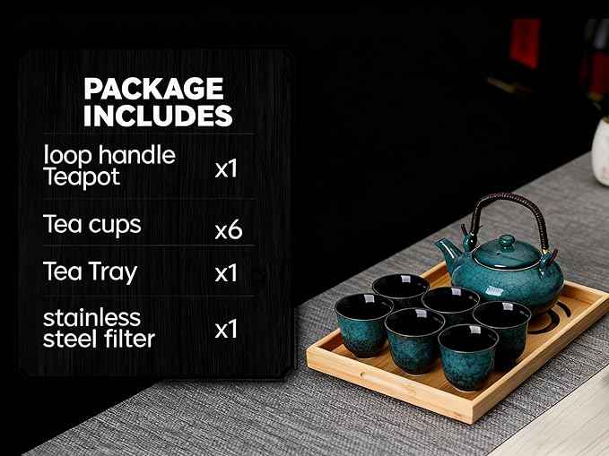 KEYDUACU Japanese Tea Set, Ceramic Tea Set, Plum Blossom Embossed, Teapot, 6 Teacups, Tea Tray, Strainer, Home, Outdoor, Gift, Chinese Kung Fu Tea Set (Pine Green)
