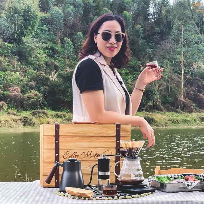 SOTECH Pour Over Manual Coffee Maker Set 2 Cup Coffee Dripper with Wooden Suitcase Coffee Kettle Scale Bean Grinder All In 1 Traveling Camping Hiking