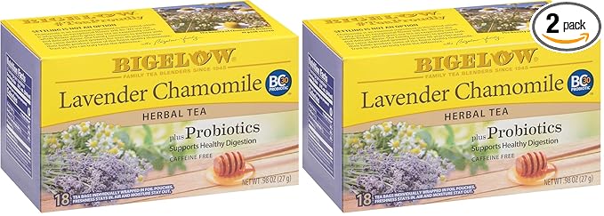 Bigelow Lavender Chamomile Plus Probiotics Herbal Tea, Caffeine Free with Lavender Chamomile, Box, 108 Total Tea Bags, 18 Count (Pack of 12)