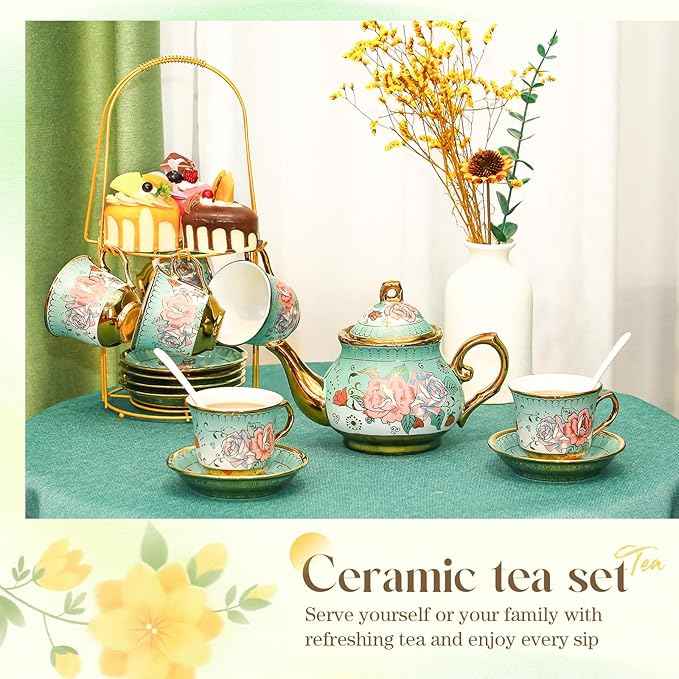 20 Pcs Porcelain Tea Set for Adults with Metal Holder and Spoon European Ceramic Tea Party Set Flower Painting Teapot Cup Saucer for Christmas Women Gifts, Serving 6 People(Modern)