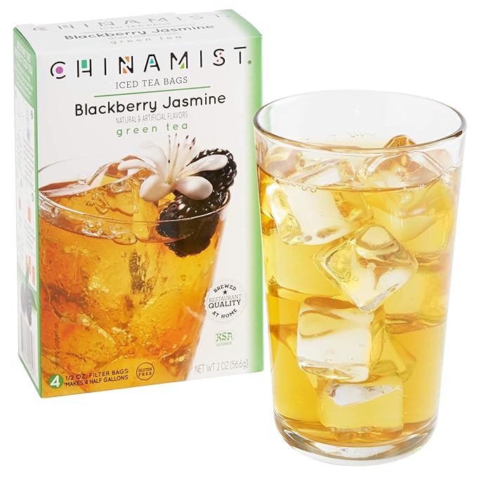 China Mist Iced Tea – Blackberry Jasmine Green Tea Infusion – Refreshing and Delicious – Each Tea Bag Yields 1/2 Gallon – 4 bags.