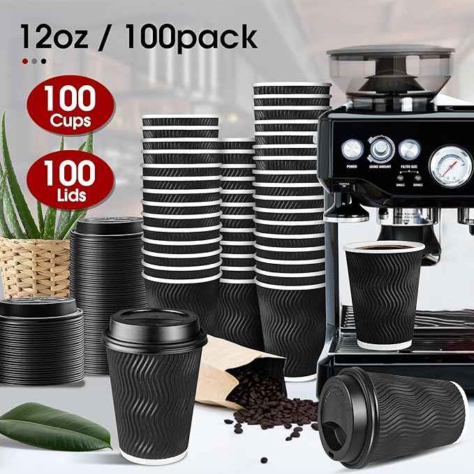 Ginkgo 100 Pack 12 oz Disposable Coffee Cups with Lids, To-Go Paper Coffee Cups for Hot Beverage, Chocolate and Cocoa, Coffee Bar Accessories - Black