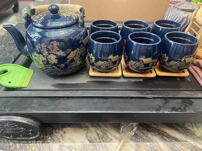 Gift Set Japanese Tea Set, Asian Black Glazed Ceramic Tea Set - Contains 1 Teapot, 1 Tea Strainer and 6 Teacups. Ideal for Home, Outdoor, Office (Blue2)